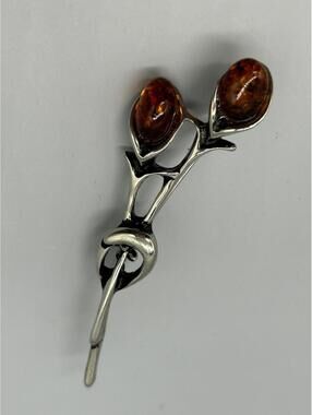 Vintage Signed Sterling Silver Real Amber Petals Flower Bouquet Pin Brooch